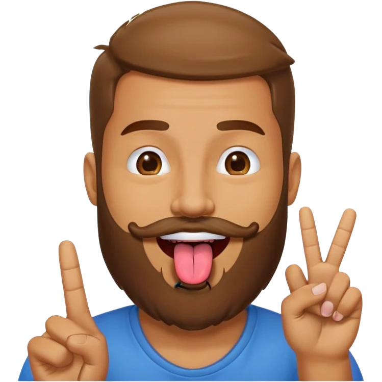 Man with beard sticking tongue out with peace sign under tongue emoji