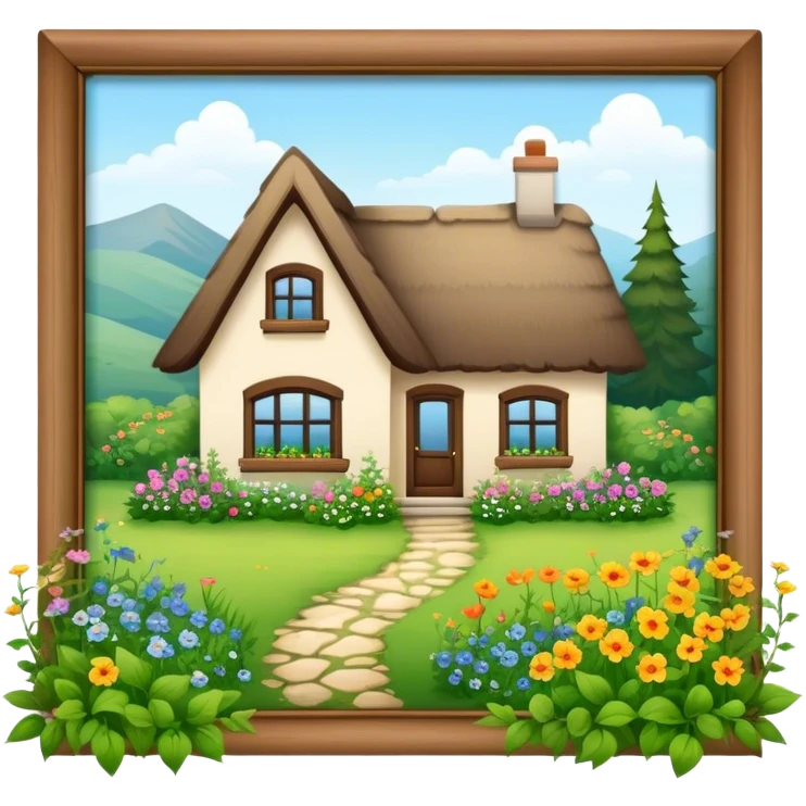 Cottage home with greenery growing on it and wildflowers all around it emoji
