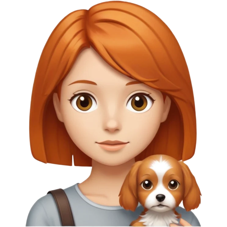 A girl with shoulder-length orange-brown hair holding a short-haired Yorkshire emoji