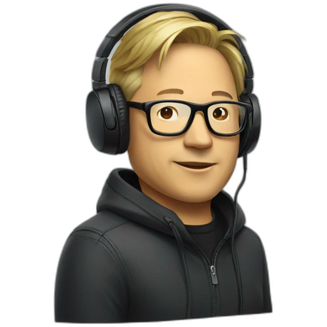 Jensen Huang with black glasses wearing big headphones emoji