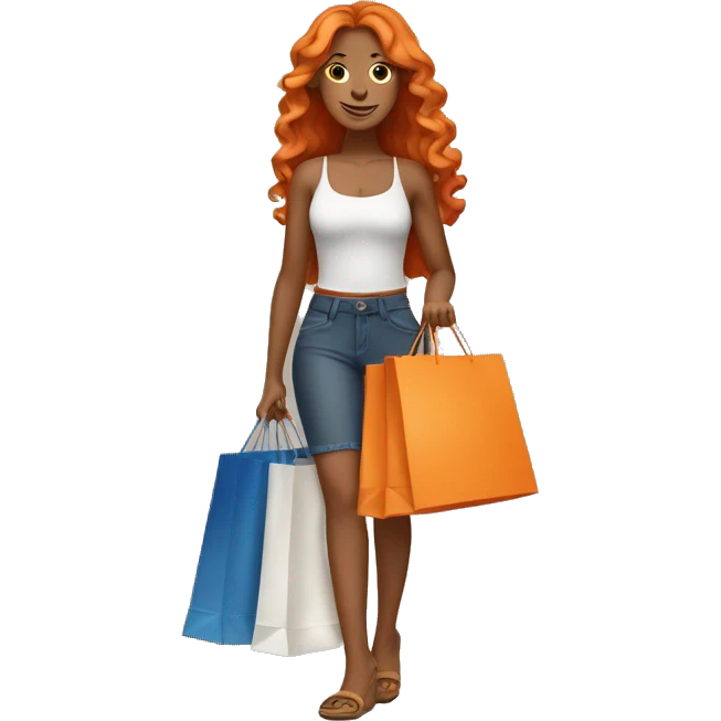 Tan girl with long wavy orange hair holding shopping bags emoji