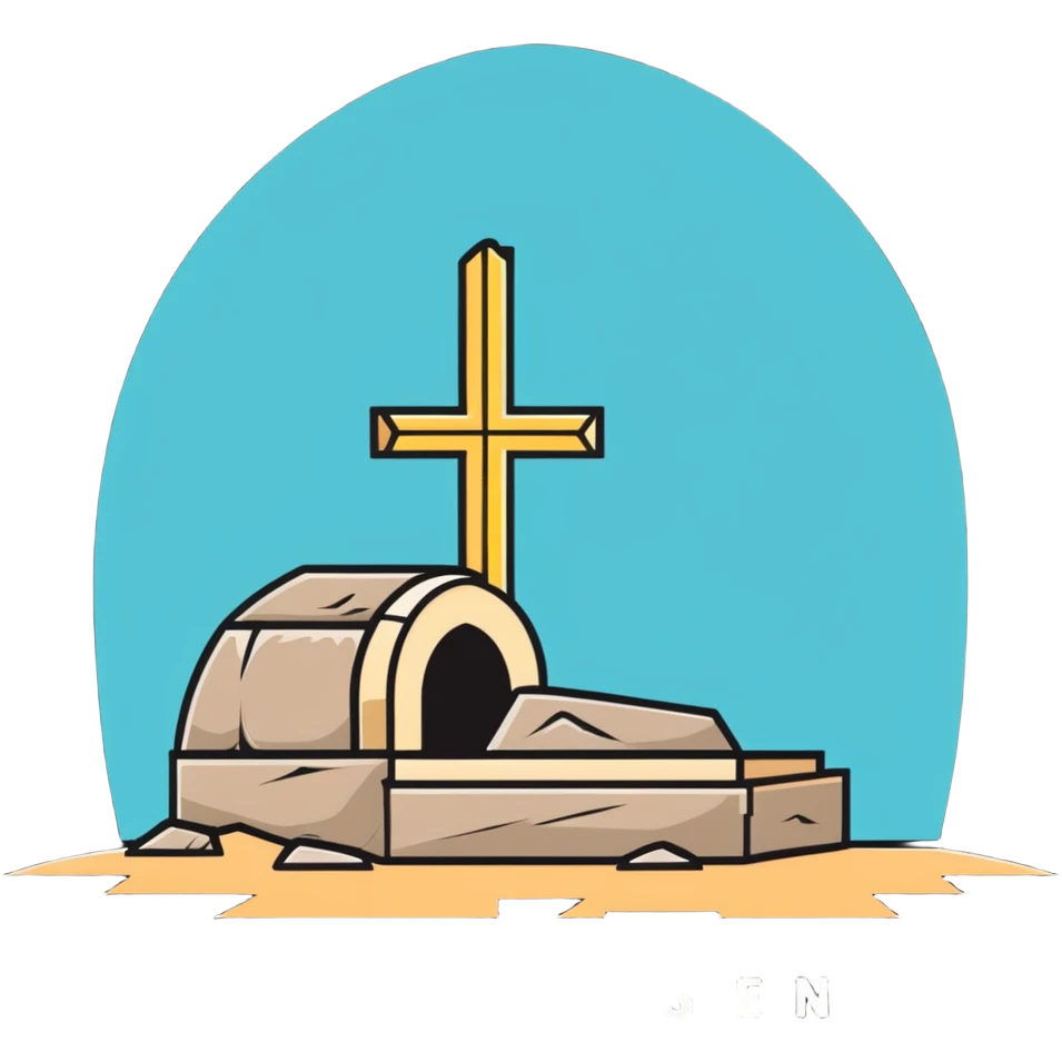 An empty tomb with stone rolled away and "He is risen" text emoji