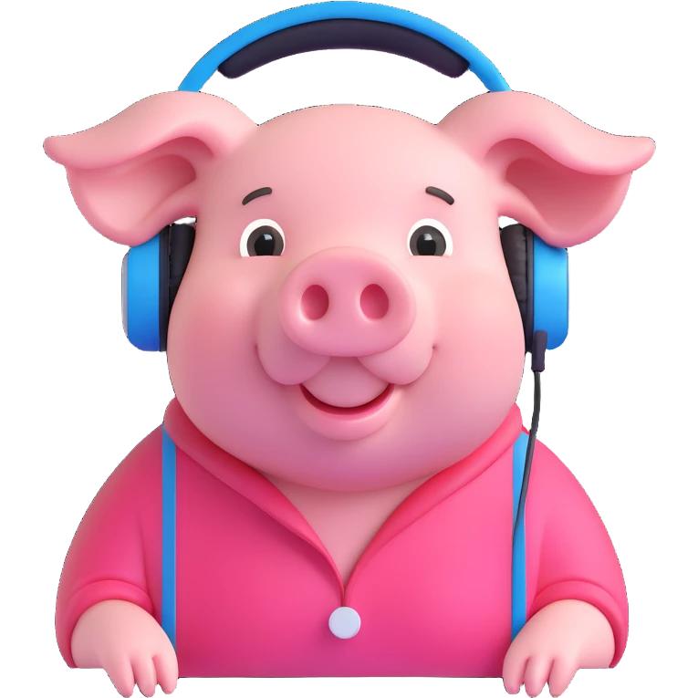 pig hacker emoji, pig with headphones, looking at a screen, cheerful expression emoji
