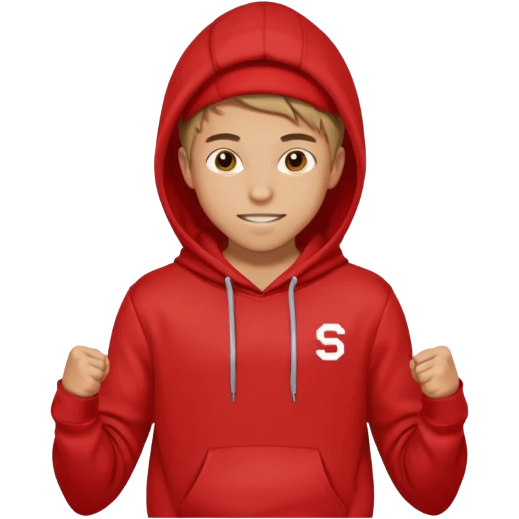 make me an emoji of an americain 19 yearold boy in a red hoodie that says "south" on it and give him with tan skin with his hands in his hands in his pocket wth a small smile flexing his muscles with his hood on emoji