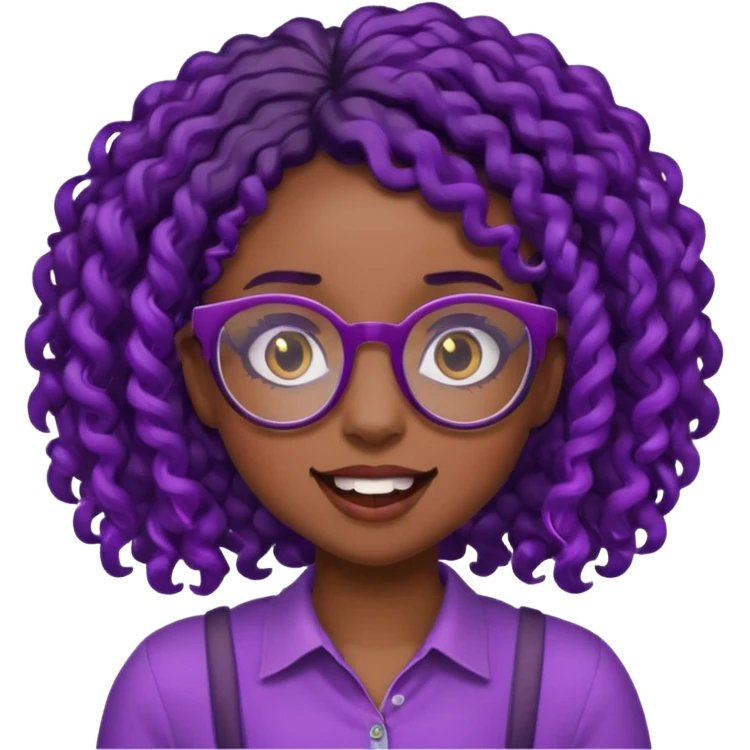 nerd emoji like with glasses showing only her 2 buck teeth but it’s a black girl with purple black curly hair emoji