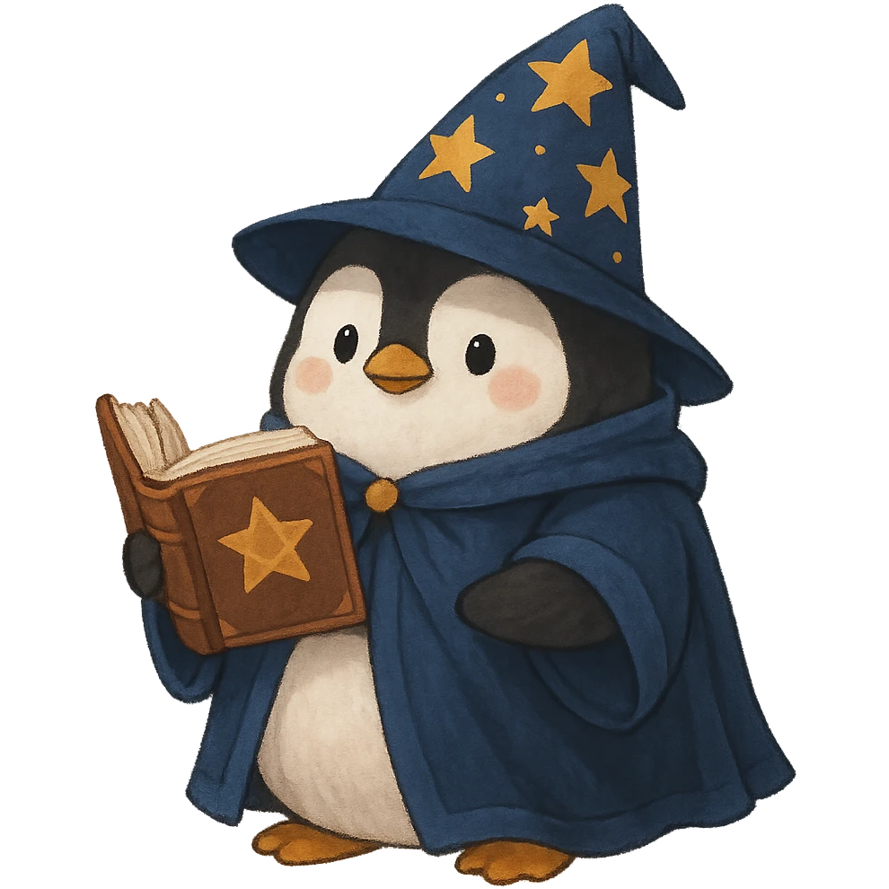 a chubby penguin in wizard robes, with a starry hat and a book of spells emoji