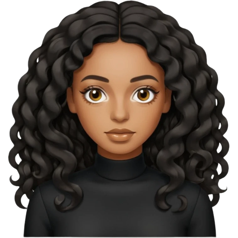 Solange with black long wavy hair, black outfit emoji