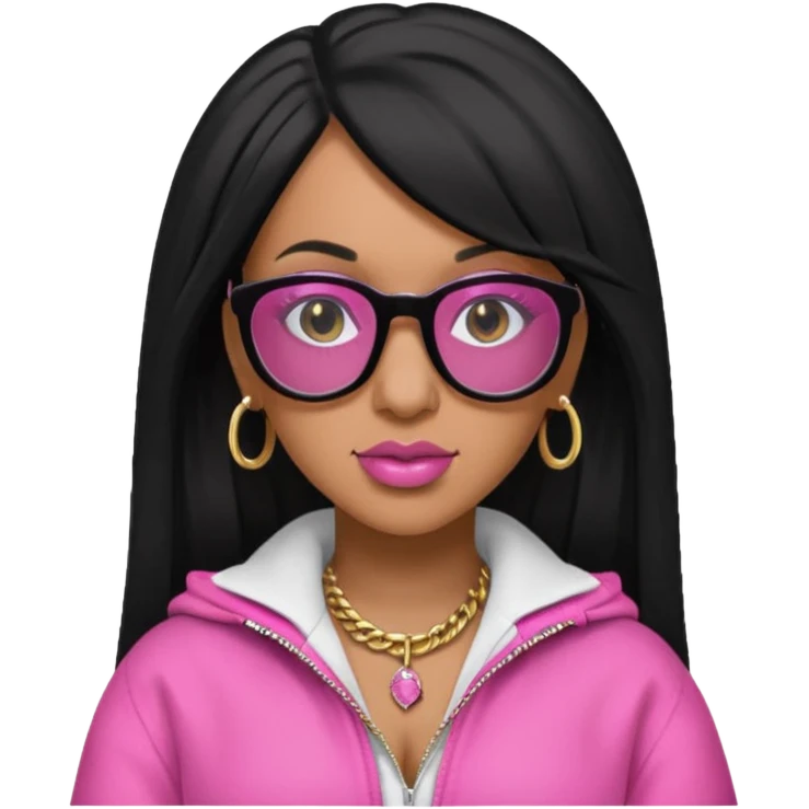 rapper Cardi B black hair, pink cloth wear black glasses emoji