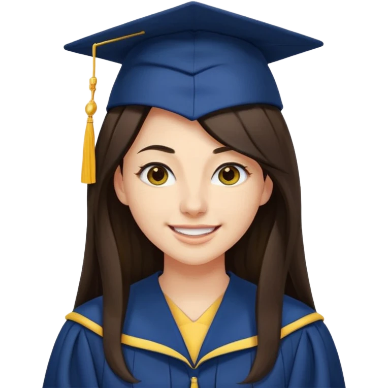 带着学士帽的，深棕色长发，黄种偏白皮肤的，高鼻梁，不戴眼镜的女博士生，在单只眼眨眼并开朗的笑，年龄26岁，学士服是深蓝色和黑领子， emoji