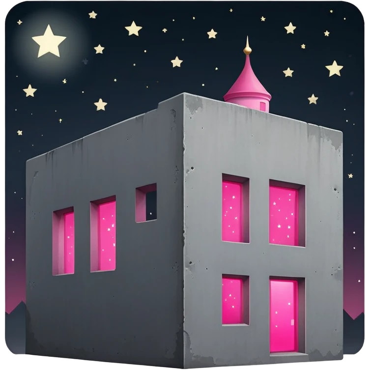 Night view of minimalist gray concrete Russian building, shadowy rectangular structure with one bright pink glowing window, stars in sky emoji