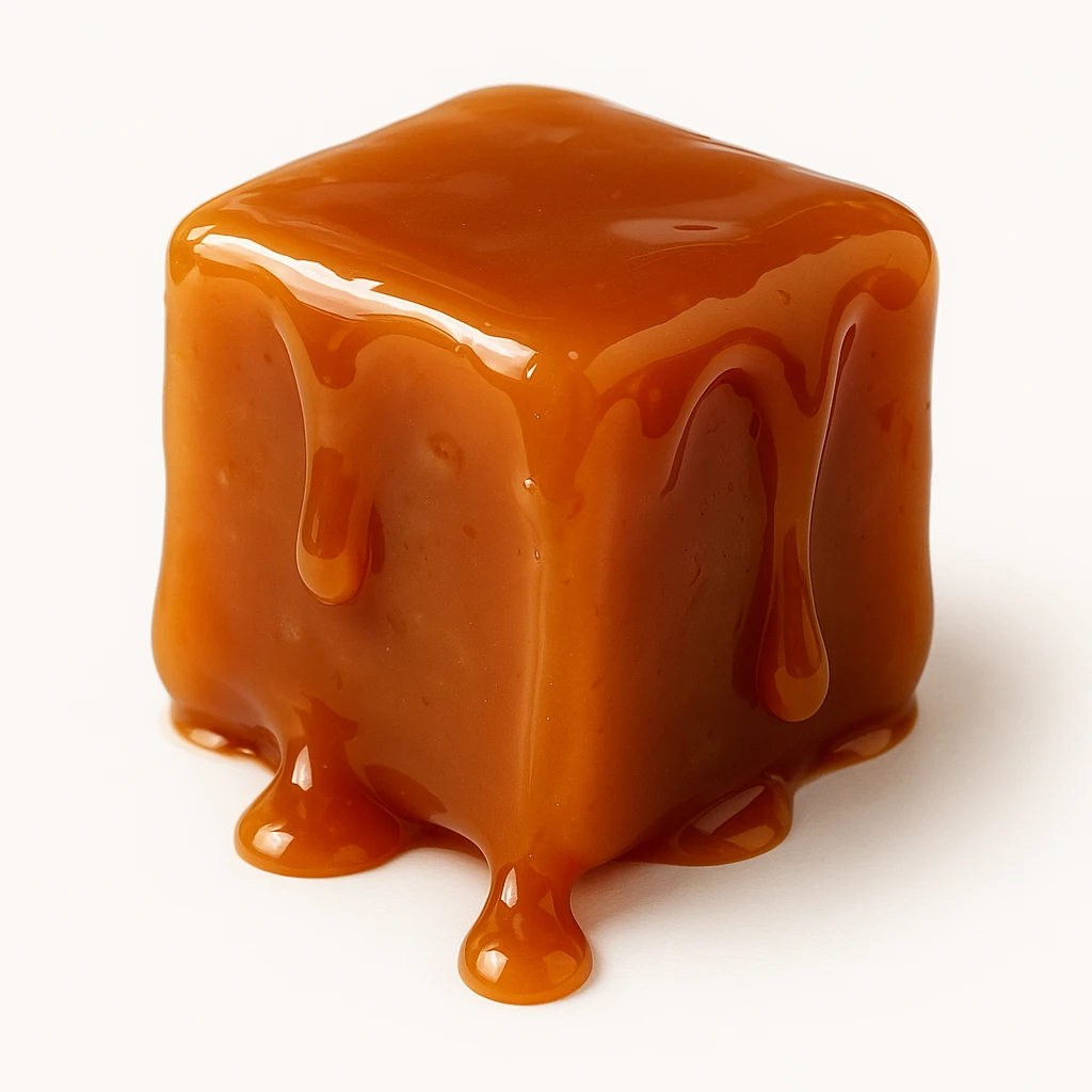 realistic cube-shaped caramel toffee piece, glossy, with drops of caramel dripping off, no face, no cartoon or drawn style, on a white background emoji