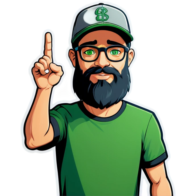 A bold man with a grey baseball cap, green eyes, big beard and glasses, waving  emoji