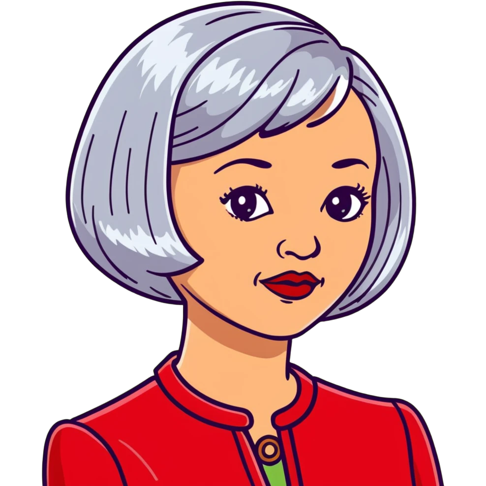 Elegant Hispanic senior woman, 70s, with silver bob haircut, bright complexion, marked cheekbones, almond-shaped hazel eyes, wearing red lipstick and a red structured collar blouse emoji