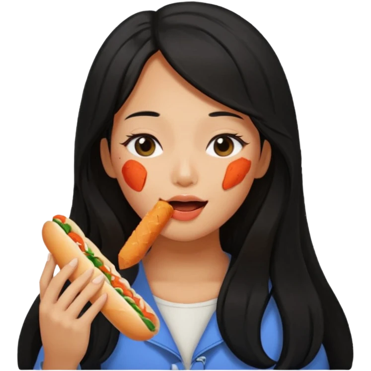 Girl black long hair eat kimchi close eyes baguette emoji
