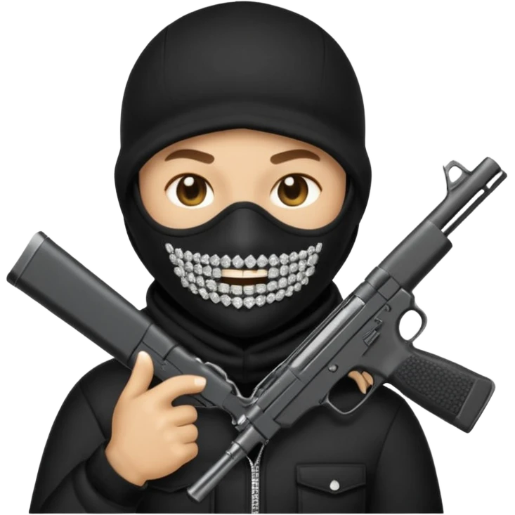 emoji with diamond grillz and black ski mask on with a gun emoji