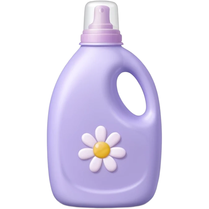 curved plastic fabric softener bottle, pastel lavender, rounded cap, subtle flower or droplet symbol, no text, 3D-rendered, minimal, realistic, soft shadows, natural light, no faces, no fabric, transparent background, emoji scale emoji