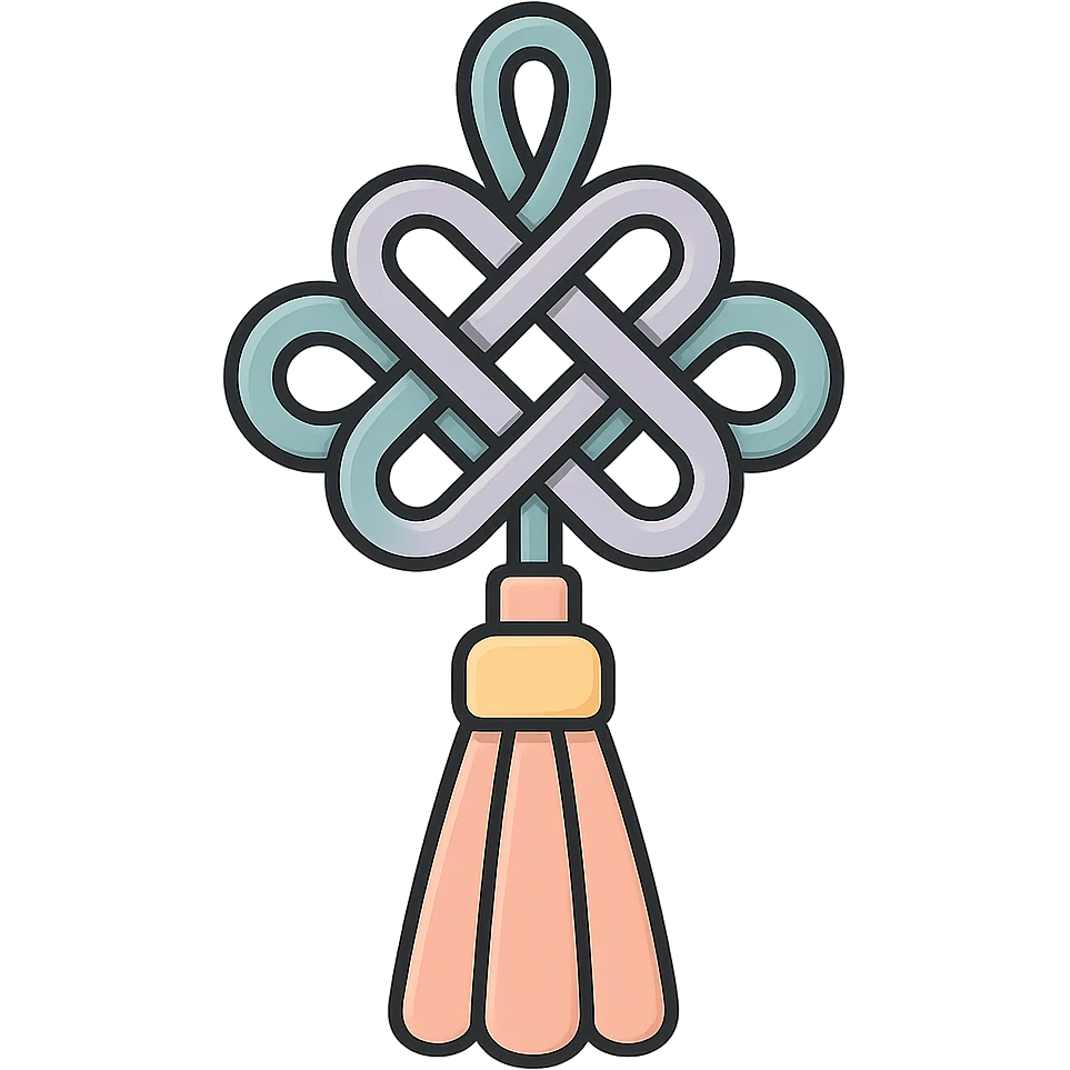 Create a Chinese happiness knot with a double loop, styled like the more complex knot in the second reference image (similar to the fourth variant previously). Use icon-color-outlined style with detailed shadows and highlights, thin clean contours, soft rounded shapes, and a pastel palette including #98B5BC, #B5B3C1, #C9A3C9, #E4C0CA, #F7DCD1, #F7C0AA. The design should reflect modern Japanese pop-art and sticker aesthetics, with high detail, vector clarity, soft lighting, and a transparent background. emoji