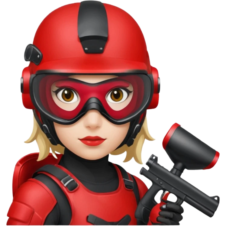 girl playing paintball with red paintball gear and only face emoji