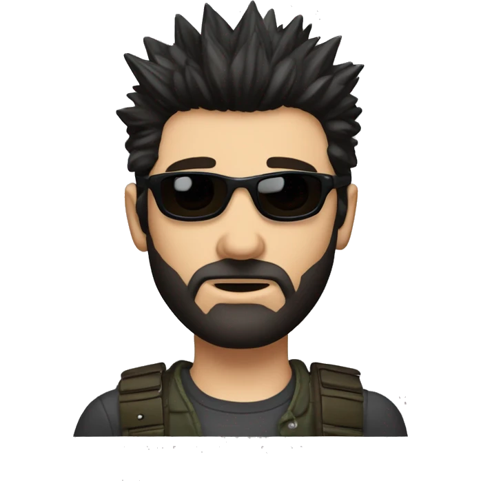 dark hair caucasian male spiky hair short on sides, black beard, perfecto, aviator sunglasses emoji