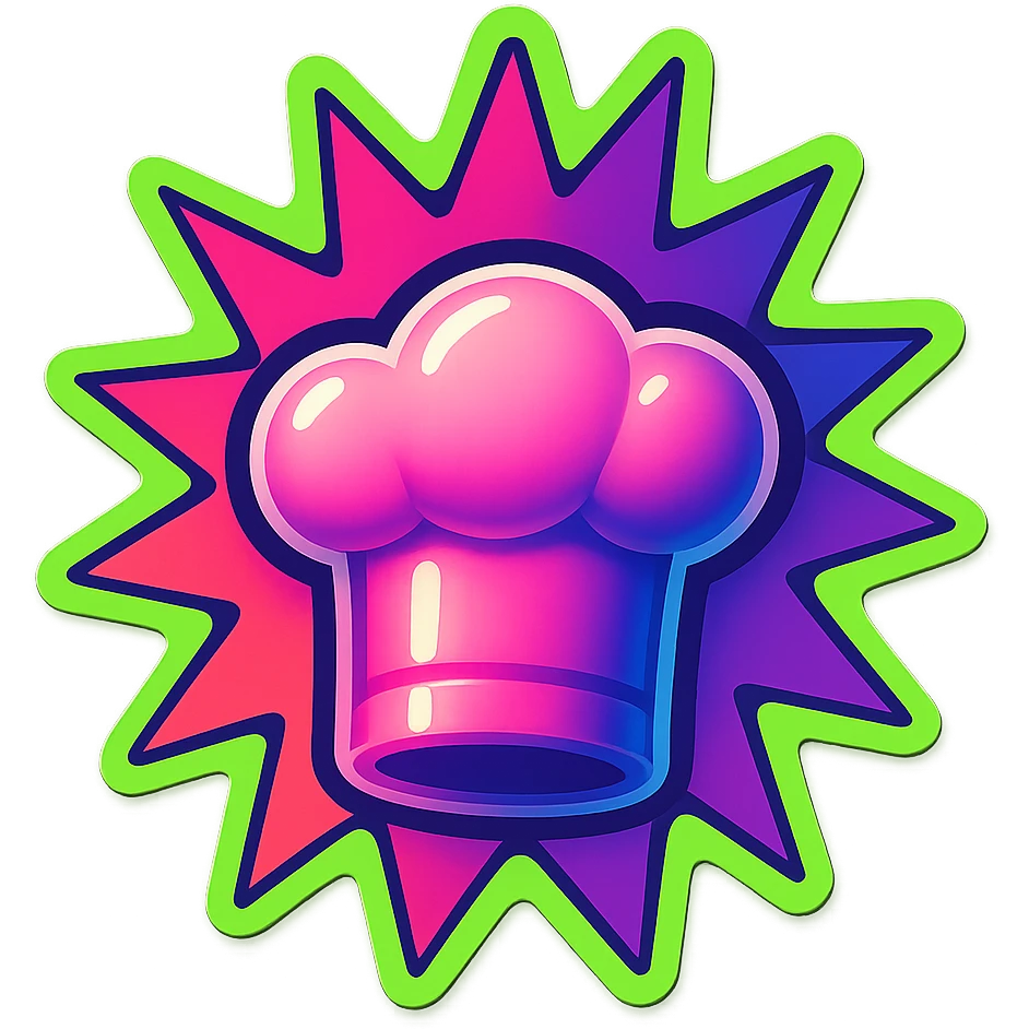 chef's hat, colors explosion, playful and modern with gradient FF4D67, 9D34FF gradient, border green neon, vibrant, matching image reference  emoji