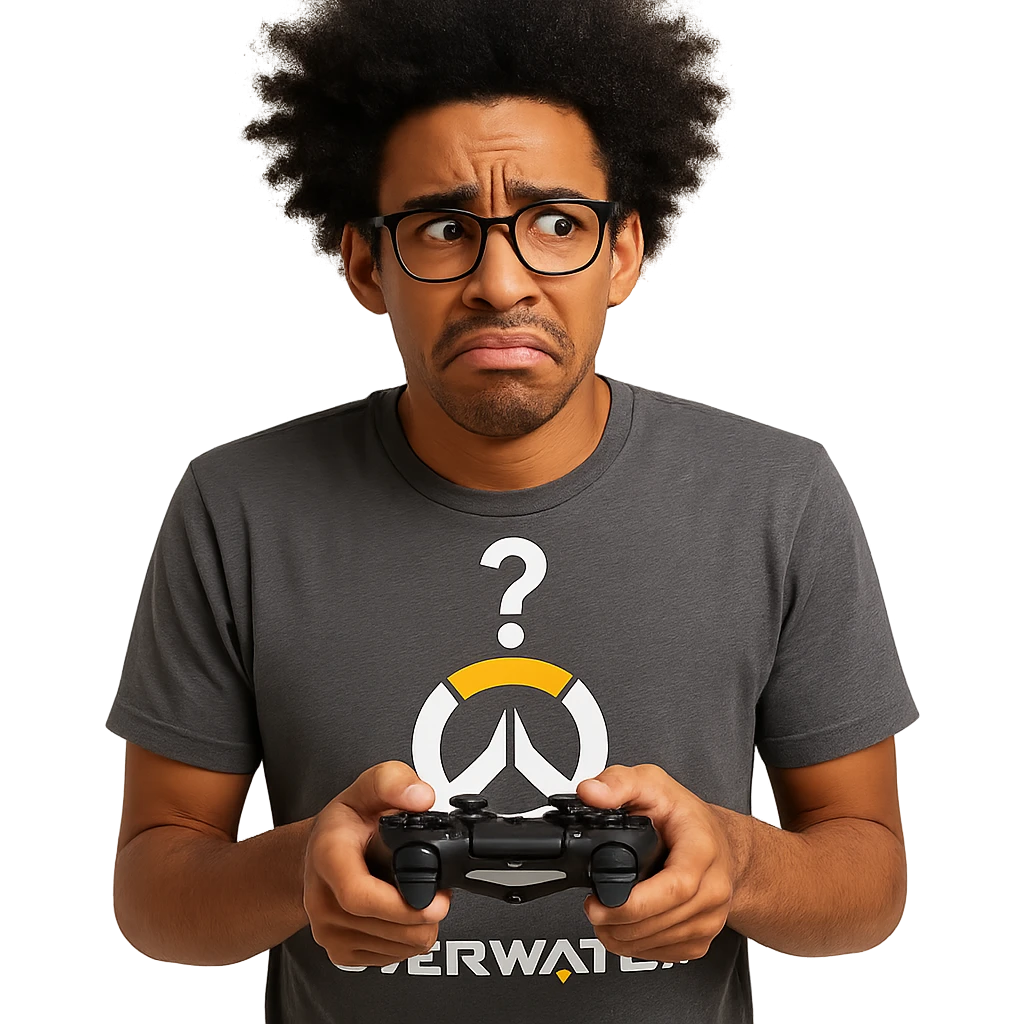 a playful Overwatch fan who rarely plays, holding a controller but looking confused emoji