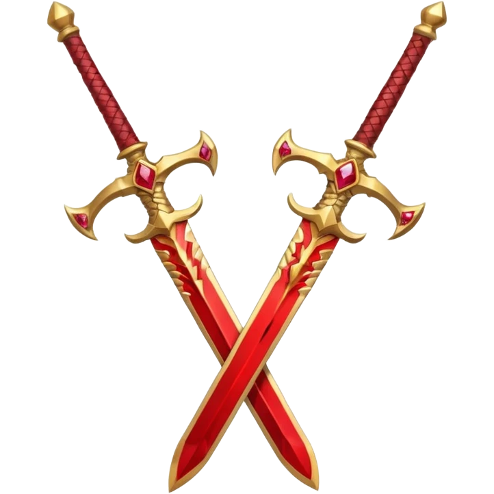 Two crossed swords that are golden in blade and handle and have fiery and royal appearence to them as well as red gem stones emoji