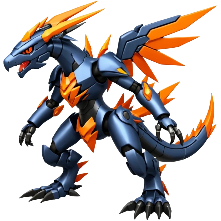 Cool Futuristic Black Orange Cyber-Digimon-Fakemon-Guilmon-Guilmon-Silvally-Zekrom-Wargreymon-Mecha-fusion (full body) emoji