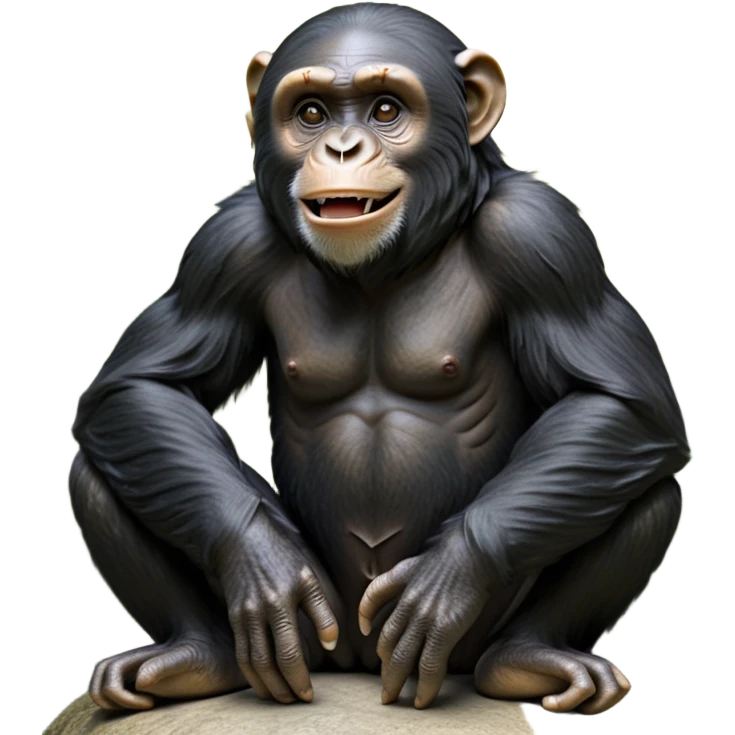 cinematic-chimpanzee-realistic-full-body-sitting-emoji,-long-powerful-arms-resting-on-its-knees,-expressive-dark-eyes-filled-with-intelligence-and-curiosity,-coarse-black-fur-textured-and-detailed,-softly-wrinkled-face-hinting-at-a-mischievous-smile,-slightly-open-mouth-showing-a-glimpse-of-teeth,-simplified-yet-realistic-focused-features,-highly-detailed,-glowing-with-a-warm-jungle-light

 emoji