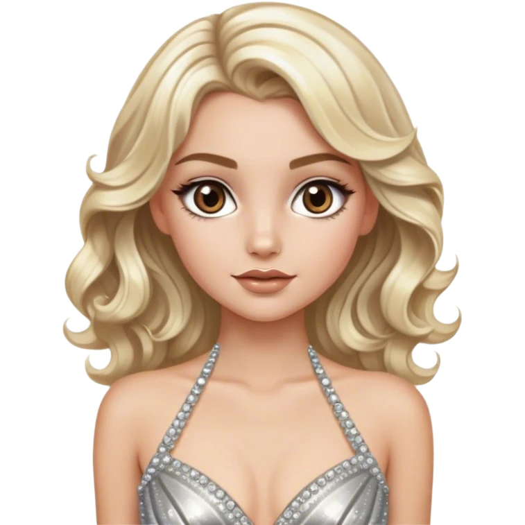 blonde model, brown eyes, medium length wavy hair, metallic silver diamanté gown emoji