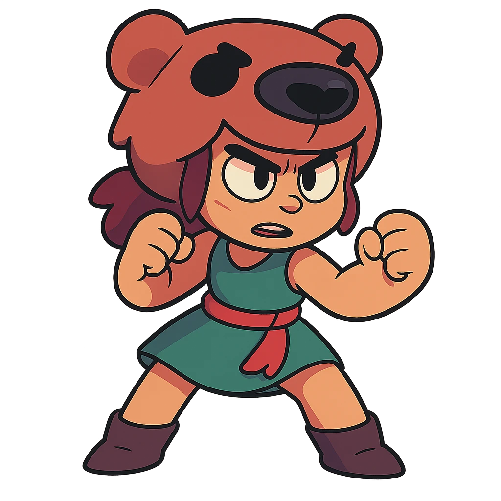 Nita from Brawl Stars, ready for battle, determined expression, colorful emoji