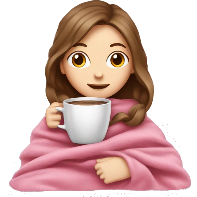 brown-haired white girl inside a pink blanket sipping coffee  emoji
