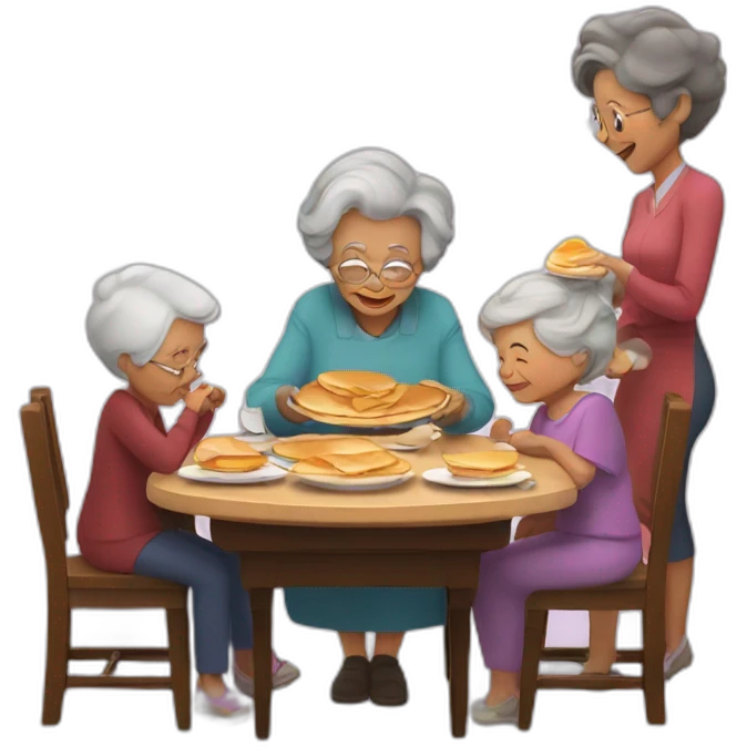 Granny with family in the table eat pancakes emoji