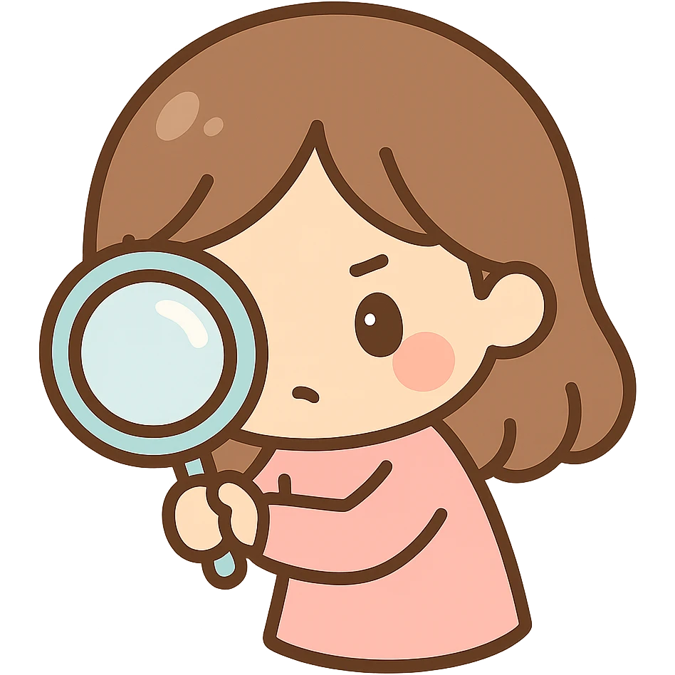 chibi cute girl with brown hair, focused, holding a magnifying glass, looking closely emoji
