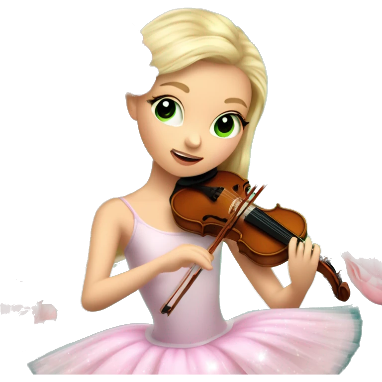 ballet blonde with skin girl with green eyes and soft pastel tutu playing violin with peonies and sparkles realistic coquette emoji