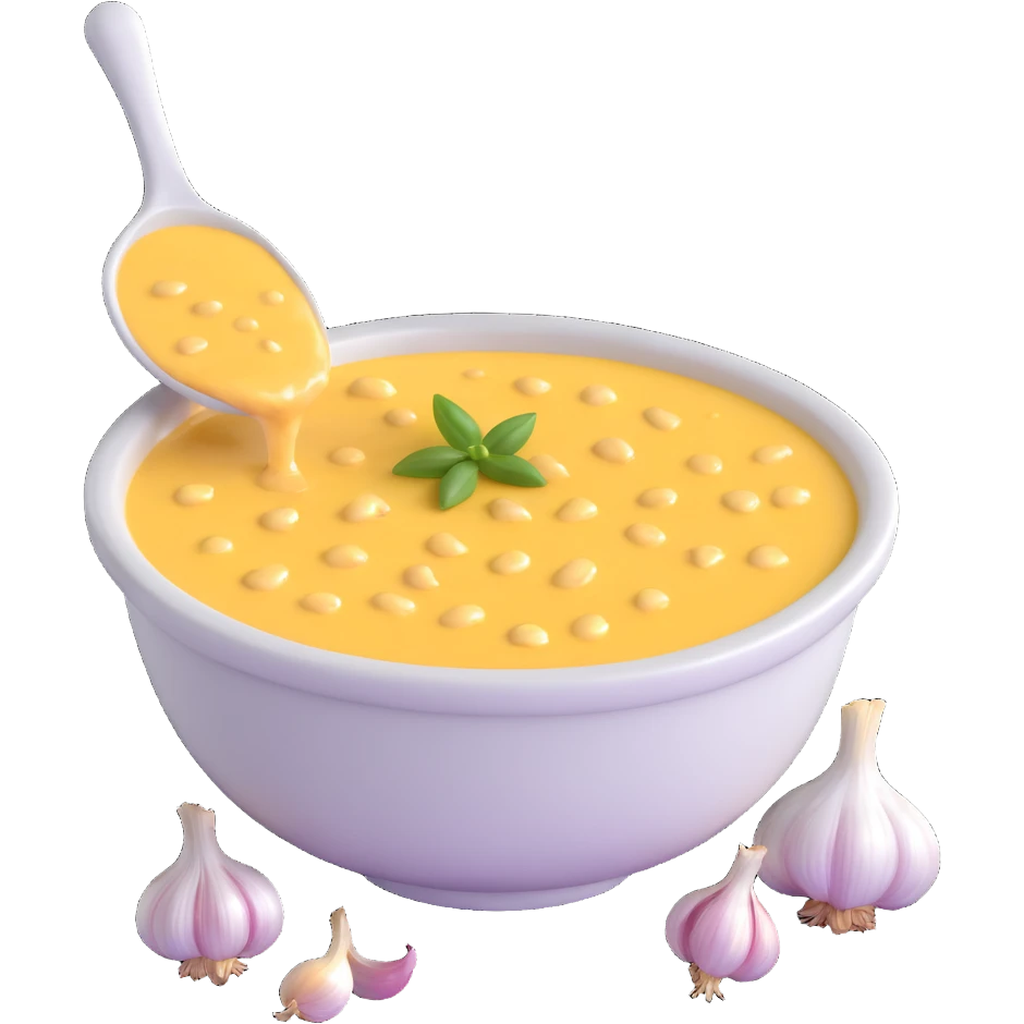 bowl of allioli sauce with garlic cloves emoji