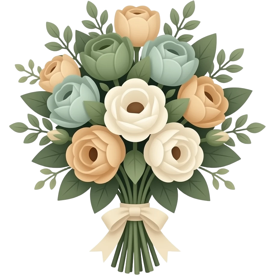 elegant bouquet of flowers, soft rounded shapes, minimal detail, muted earthy palette with dark olive green, soft sage green, warm beige and creamy tones emoji