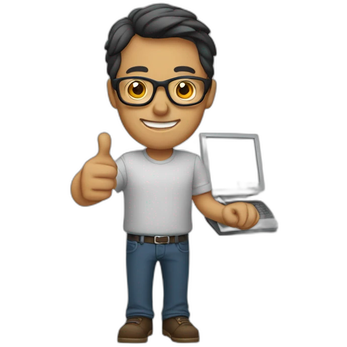 man with glasses and a computer in his right hand and a thumbs-up with his left hand emoji