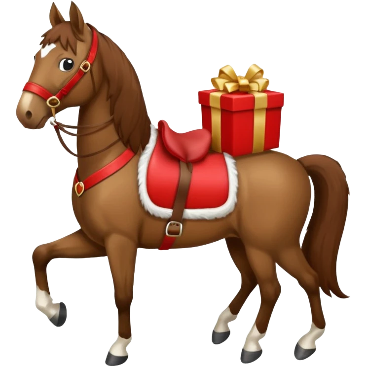 a New Year's horse with a red saddle, which has a red gift box with a white bow on the saddle emoji