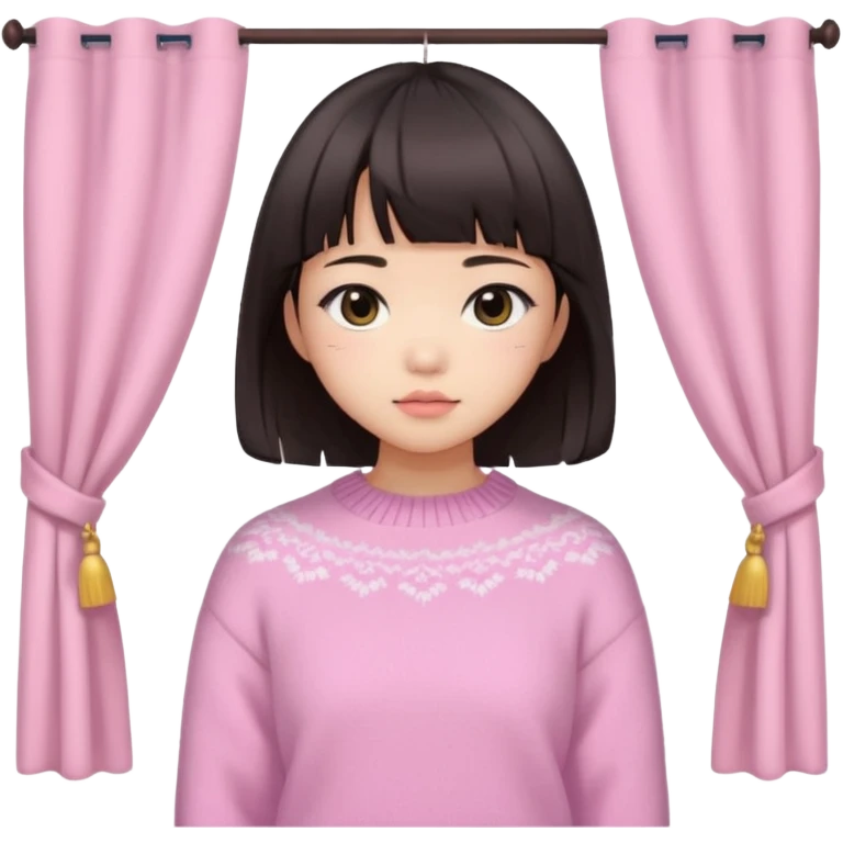 a asian japanese girl with a dark brown bob with curtain bangs, wearing a pastel pink wintery sweater emoji