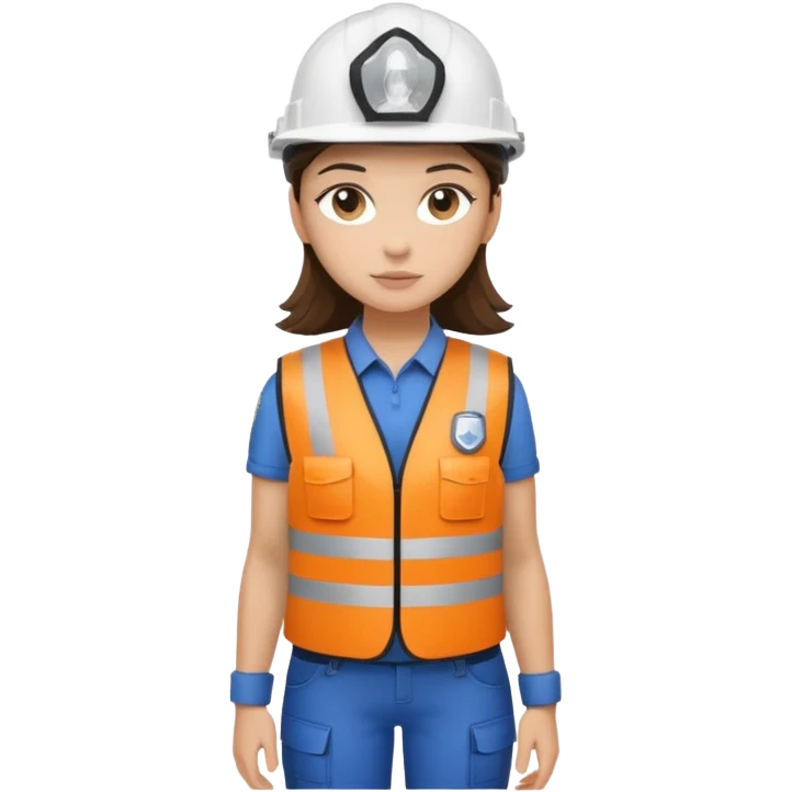 Brunette brown Girl full body standing with her white security helmet and security vest on emoji