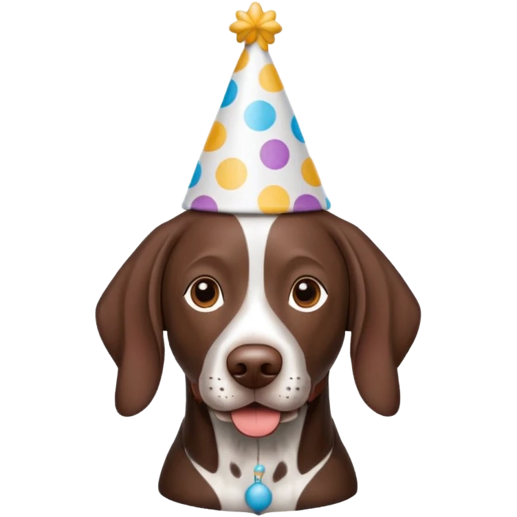 German shorthaired pointer wearing a birthday hat emoji
