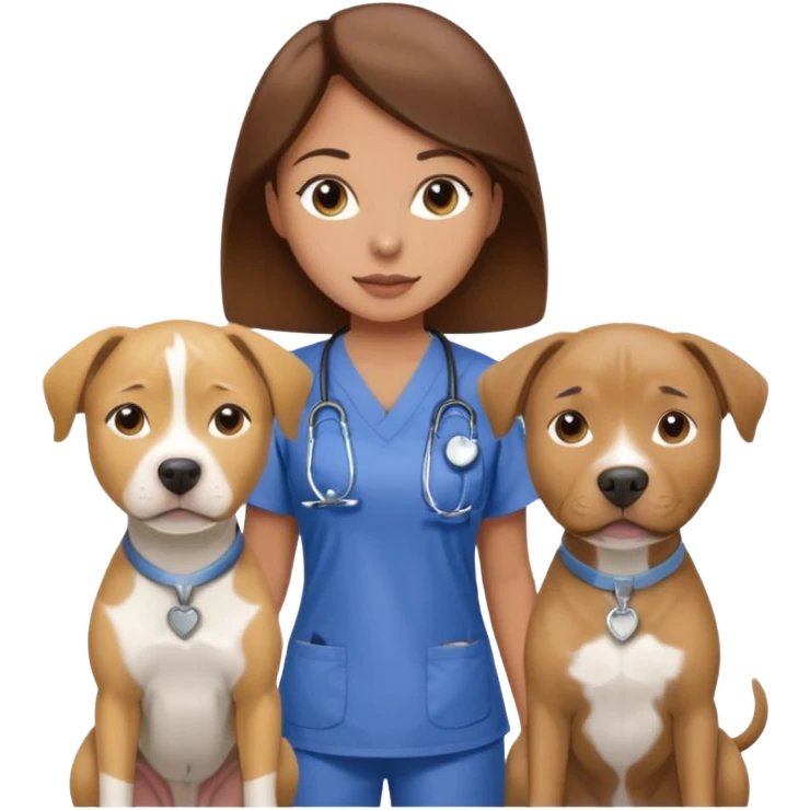 gray pit bull next to yellow lab in front of a woman with brown hair in Scrubbs emoji