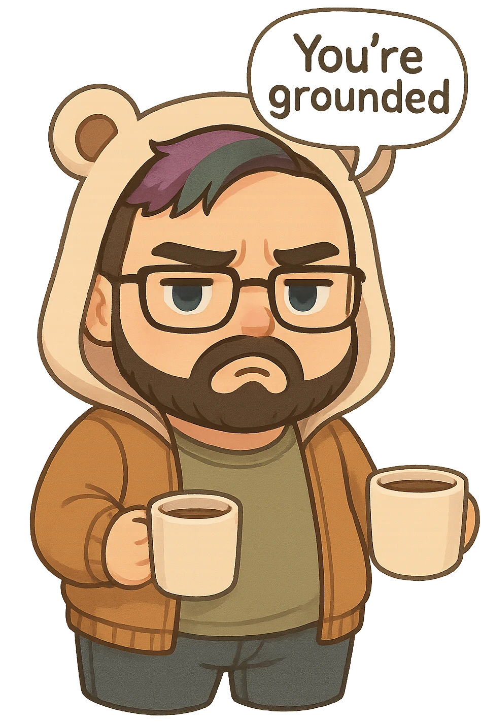 A realism art illustration art style of a plus-sizes man with purple to green ombre streak, black beard, blue eyes, glasses, wearing a bear hoodie with ears,  dressed like a dad, holding a coffee mug, You’re grounded speech bubble, frowning  emoji