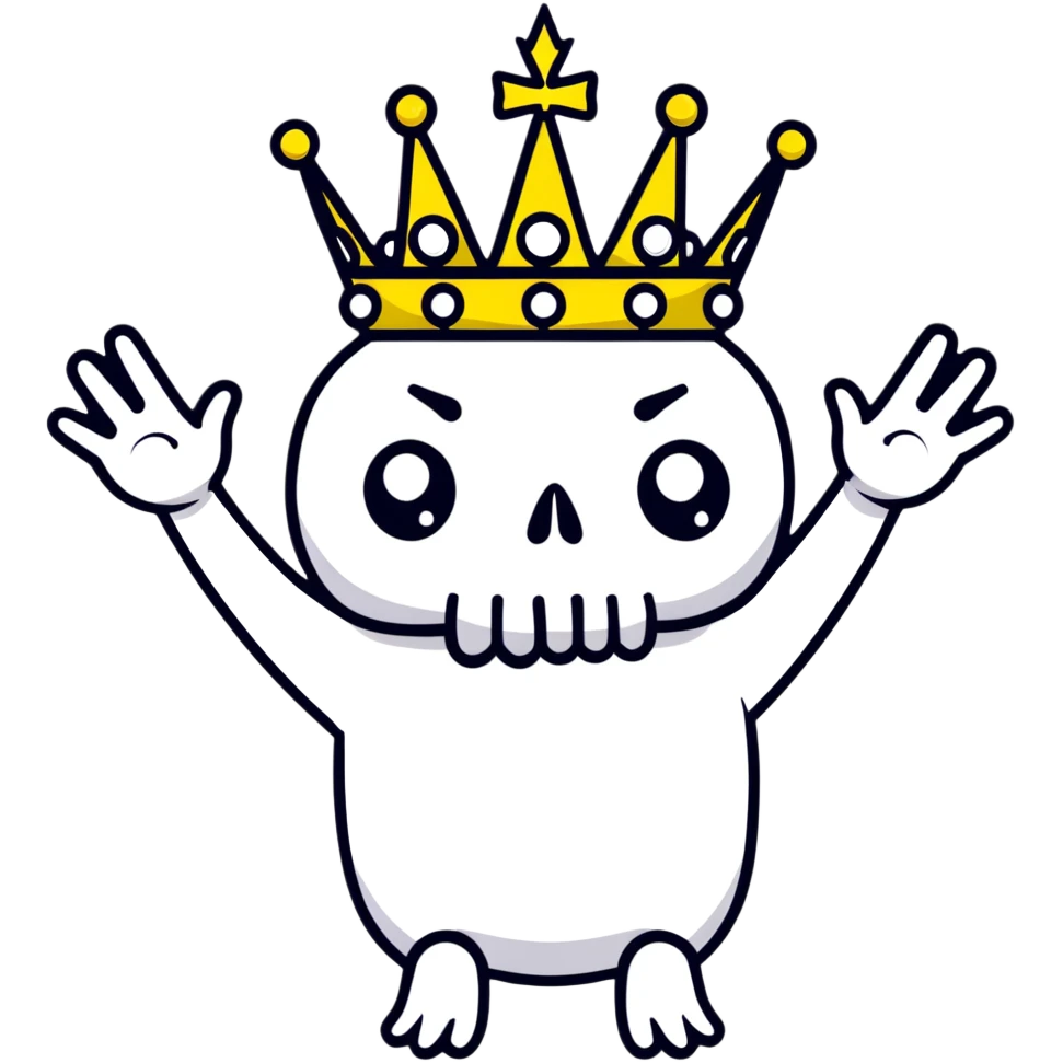 A shocked skull with a crown on top, both hands raised pressing on its head in disbelief, black and white emoji