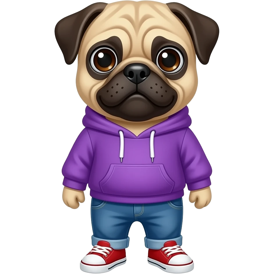 Pug wearing a purple hoodie with blue jeans and red shoes emoji