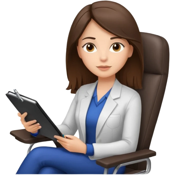 female therapist, brunette, brown eyes, light skin, sitting in a chair with a notepad emoji