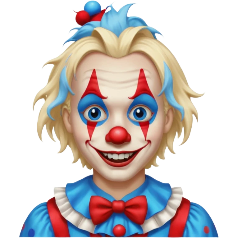 creepy clown boy with messy very long long blonde hair, blue eyes, make it more like an apple emoji emoji