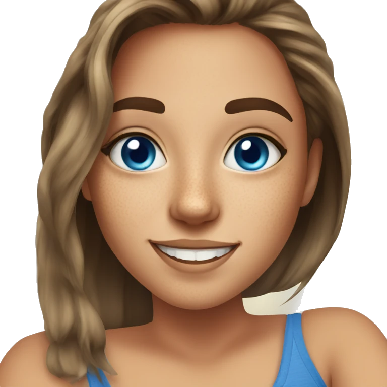 selfie of a girl indoors with blue eyes and freckles smiling emoji