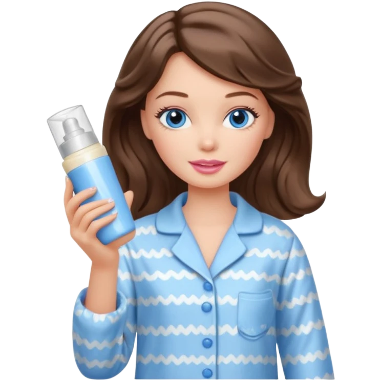 Barbie girl with makeup, blue eyes , and bob long haircut wavy, short brown hair in creamy color pajamas, face cream in hand emoji