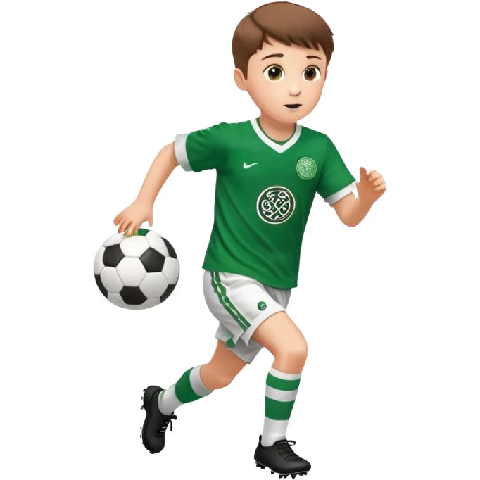 Celtic footballer jersey logo  6 years old brown hair white boy , brown eyes , stripes uniform , RUNNING  with soccer ball # 17 celtic football logo PUT ONLY ONE LOGO ONE CELTIC LOGO ONLY white shorts emoji